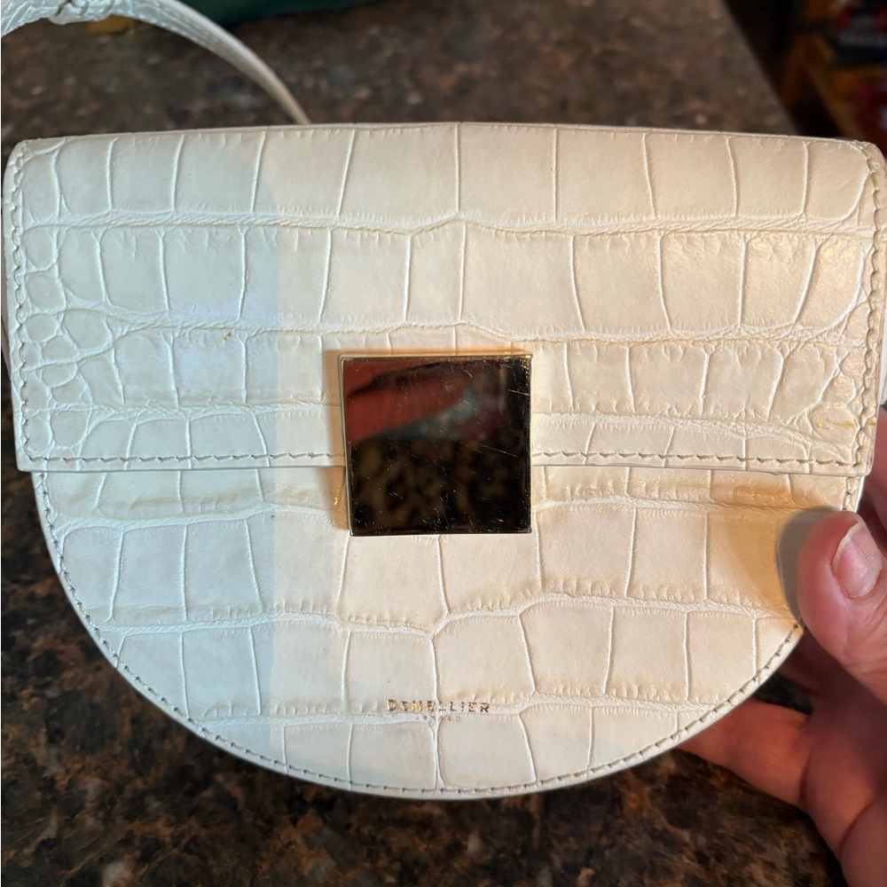 DeMellier White Oslo Croc-Embossed Half-Moon Crossbody with Gold Square Clasp